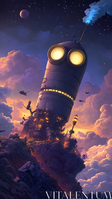 Giant rocket robot tower glows above drifting sky city.