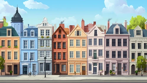 Row of colorful townhouses along an empty city street.