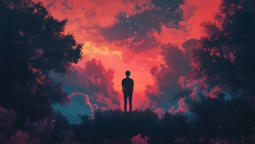 Silhouette youth under vivid red twilight skyscape.