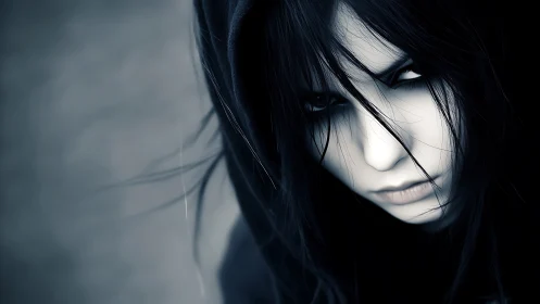 Monochrome close-up shows hooded figure with obscured gaze