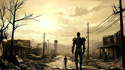 Armored wanderer and child in ruined wasteland street.