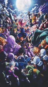 Anime battle ensemble under lunar backlight composition.