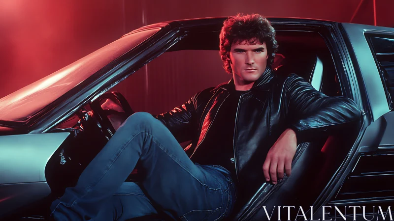 Retro driver in leather jacket inside gullwing sports coupe