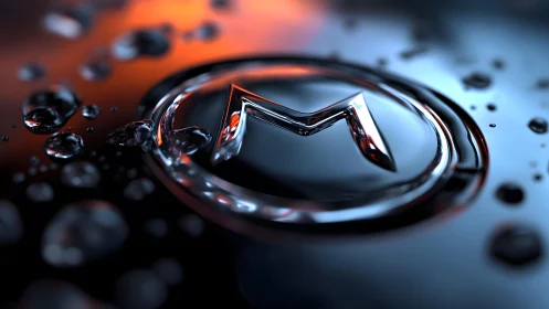 Metallic letter M emblem with water droplets in macro style.