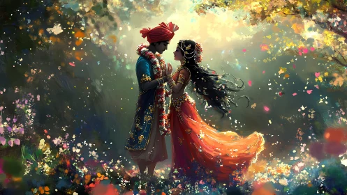 Two figures in ornate attire positioned within floral environment with light effects.