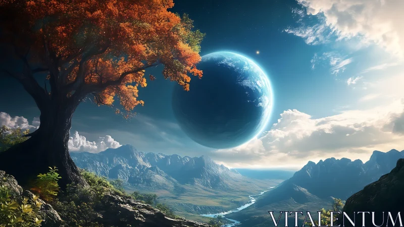 Crimson tree and distant blue world over quiet valley.