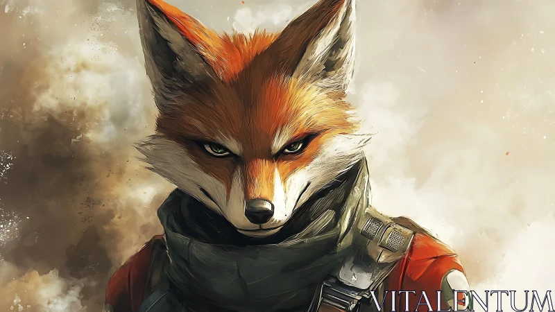 Battle-scarred fox pilot stares through storm haze.