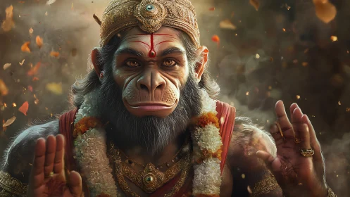 Simian-headed deity figure in ornate ceremonial adornment.