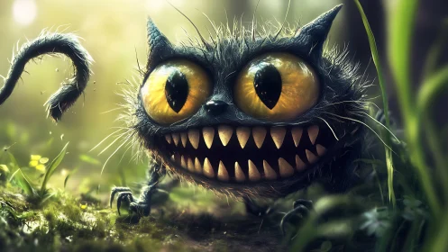 Mutant forest cat bares razor grin under golden light.