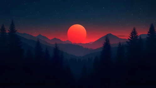 Crimson sun descends behind layered pines and alpine silhouettes