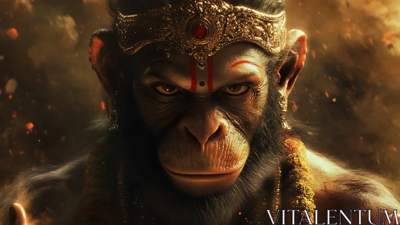 Simian deity figure with ornate crown in warm light.