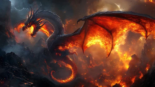 Firelit dragon soaring through molten skies and shadowed peaks.