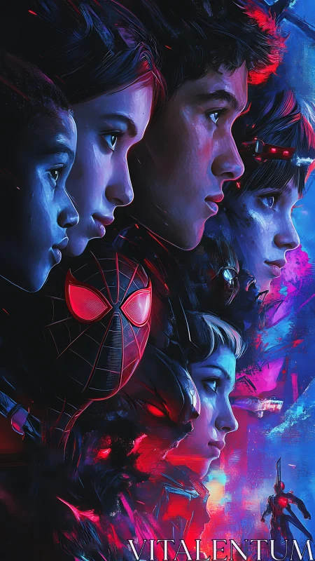 Neon-lit young heroes gaze into a futuristic city horizon