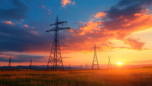 Photorealistic power line corridor at luminous sunset horizon.