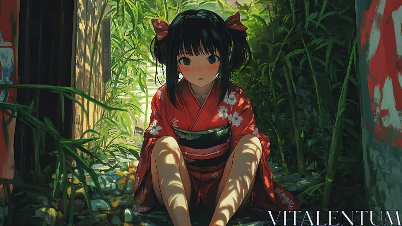 Anime courtyard portrait with dappled light and lush overgrowth.