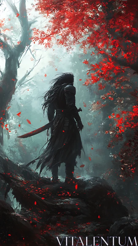 Armored wanderer surveys crimson forest in moody backlight