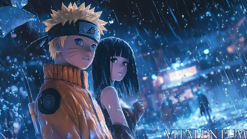 Rainlit anime duo pausing in a storm of neon reflections.