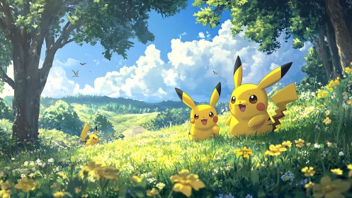 Pikachu family lounges in a luminous wildflower meadow.