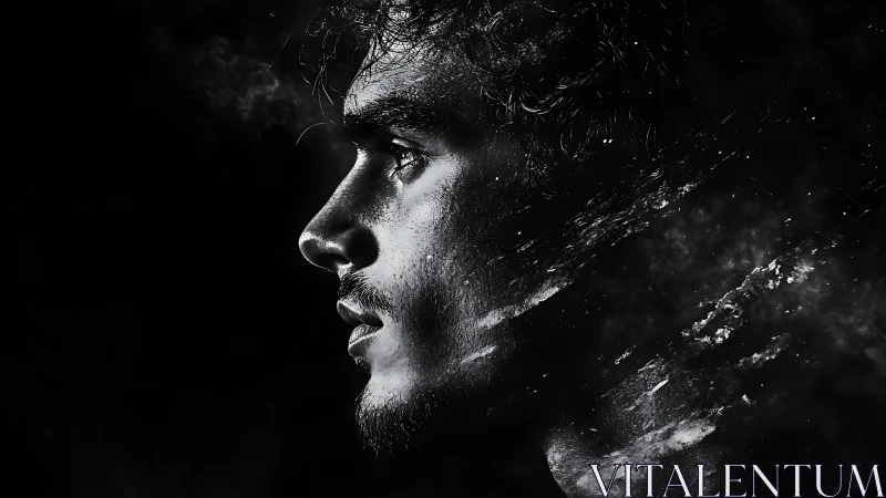 Starlit profile dissolving into cosmic charcoal clouds.