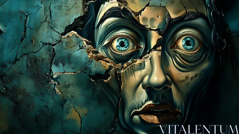 Distorted human face emerges through cracked teal concrete wall