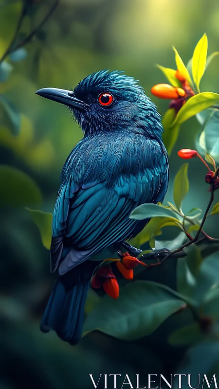 Teal songbird rests among berries in glowing forest light.