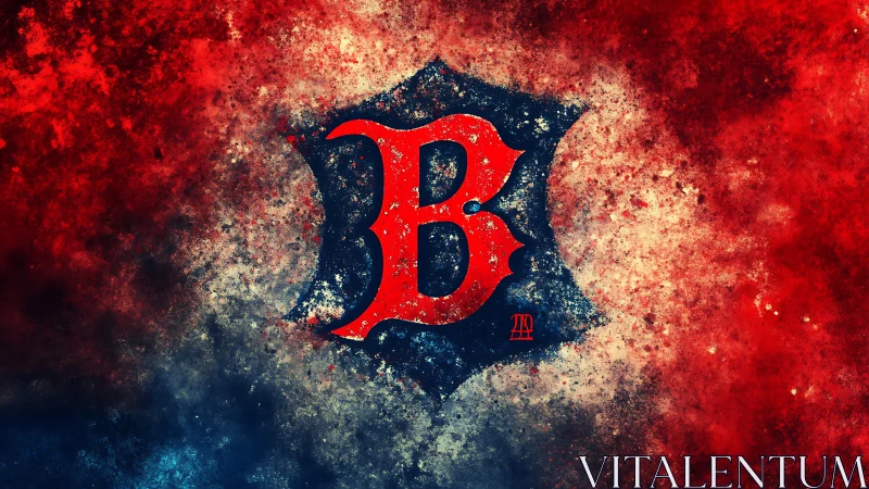 Red letter B emblem on textured red and blue background.