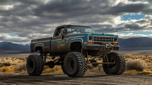 Lifted desert monster truck dominates stormy valley trail.