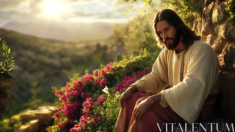 Religious figure seated outdoors amid flowers at sunset.