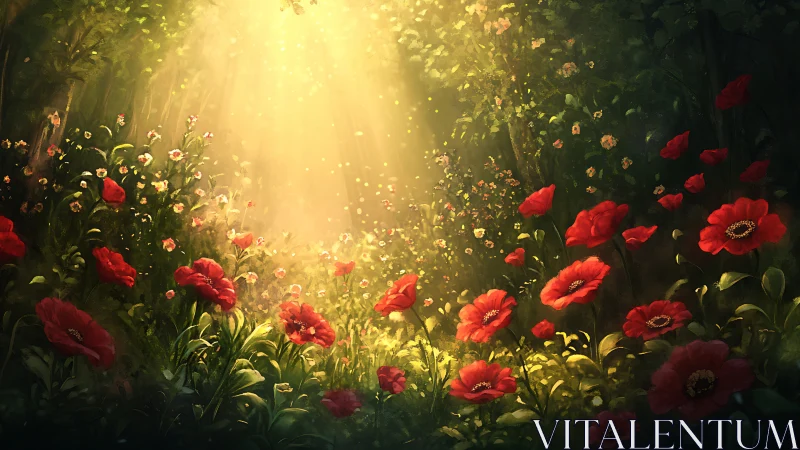 Sunlit red poppy meadow rendered as luminous digital painting