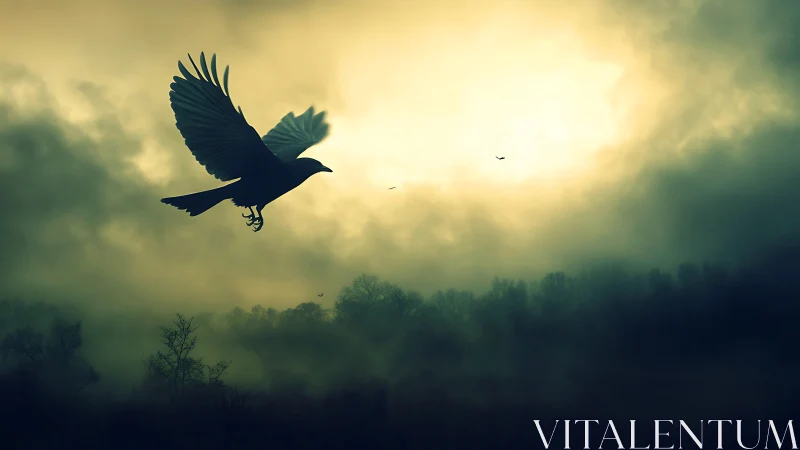 Silhouetted crow soars over misty forest at sunrise.