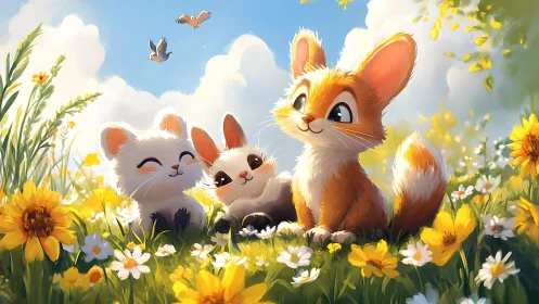 Playful meadow critters basking in sunshine and wildflowers.