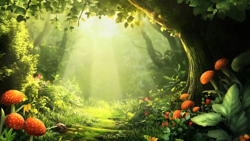 Enchanted Forest Glade with Luminous Canopy and Amanita Mushrooms.