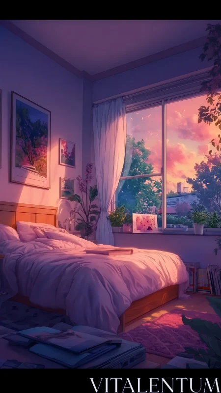 Sunlit bedroom interior catches warm sunset glow