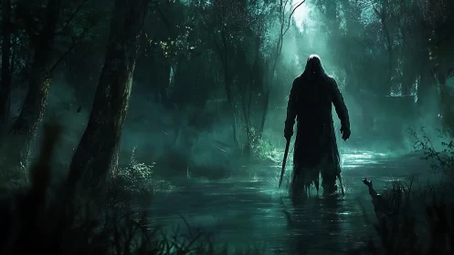 Hooded figure stands in eerie flooded forest at night.