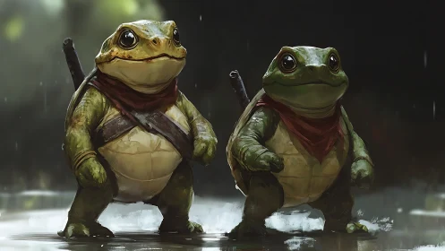 Two anthropomorphic frog warriors stand ready in wet forest