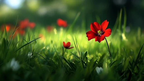 Red flowers in grass with selective focus effect.