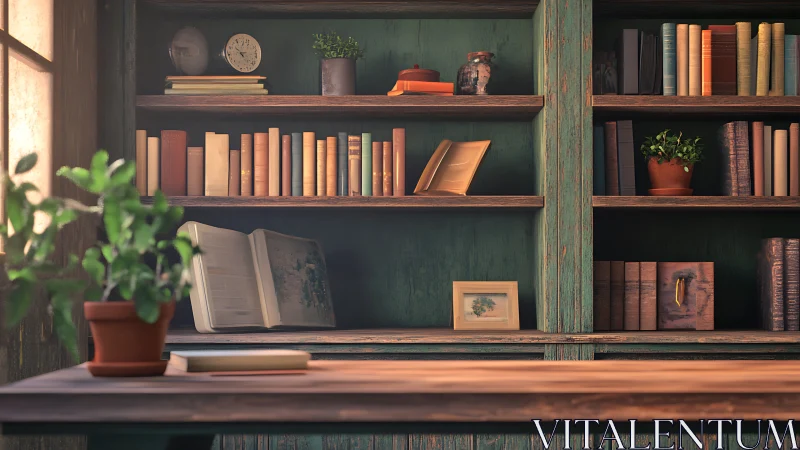 Sunlit rustic bookshelf with plants and open sketchbook.