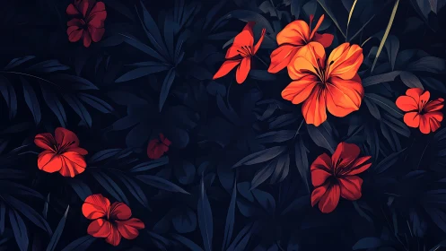 Vivid Floral Composition with Red-Orange Blooms Against Dark Foliage.