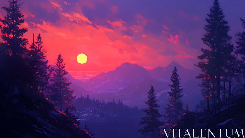 Mountain valley landscape under vivid sunset sky.