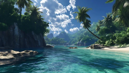 Tropical lagoon with limestone cliffs, turquoise water, palm trees under blue sky