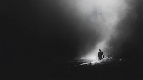 Solitary figure walks toward misty light in deep shadow