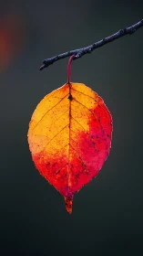 Single autumn leaf glowing red and orange against darkness.