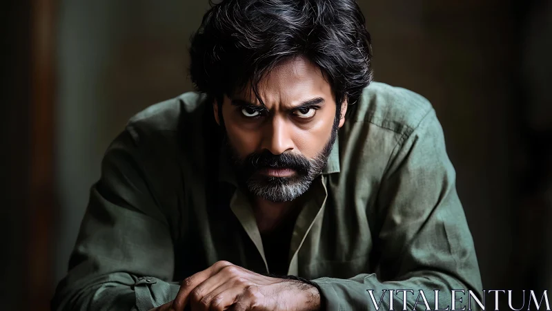 Photorealistic intense male portrait with dramatic low-key lighting.