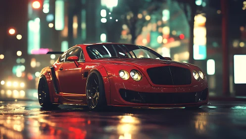 Red widebody luxury coupe glows on slick neon streets.