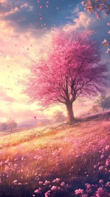 Pink blossom tree dominates warm sunset flower meadow.