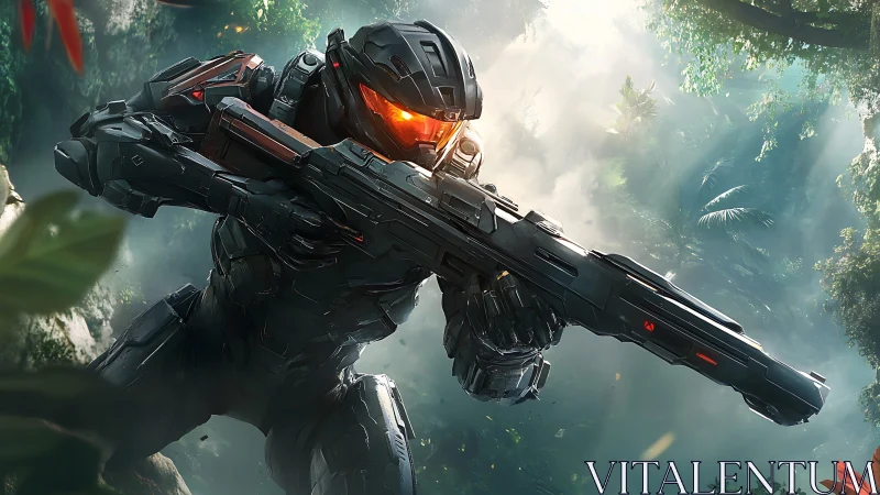 Armored sci fi soldier aiming rifle in dense jungle.