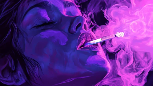 Neon-lit portrait captures smoker exhaling glowing violet vapor