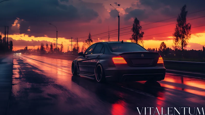 Sedan on wet highway at sunset under dense cloud cover.