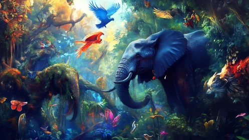 Vibrant jungle wildlife surrounds central blue elephant in light