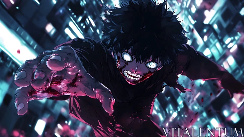 Bloodstained figure lunging forward in neon cityscape night.